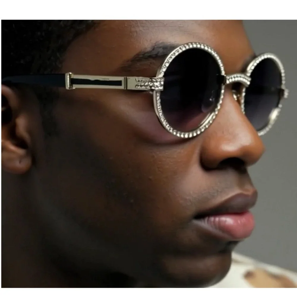 Rhinestone Sunglasses Silver Frame Black Lens Oval Frame Hiphop‎ Shades Men's